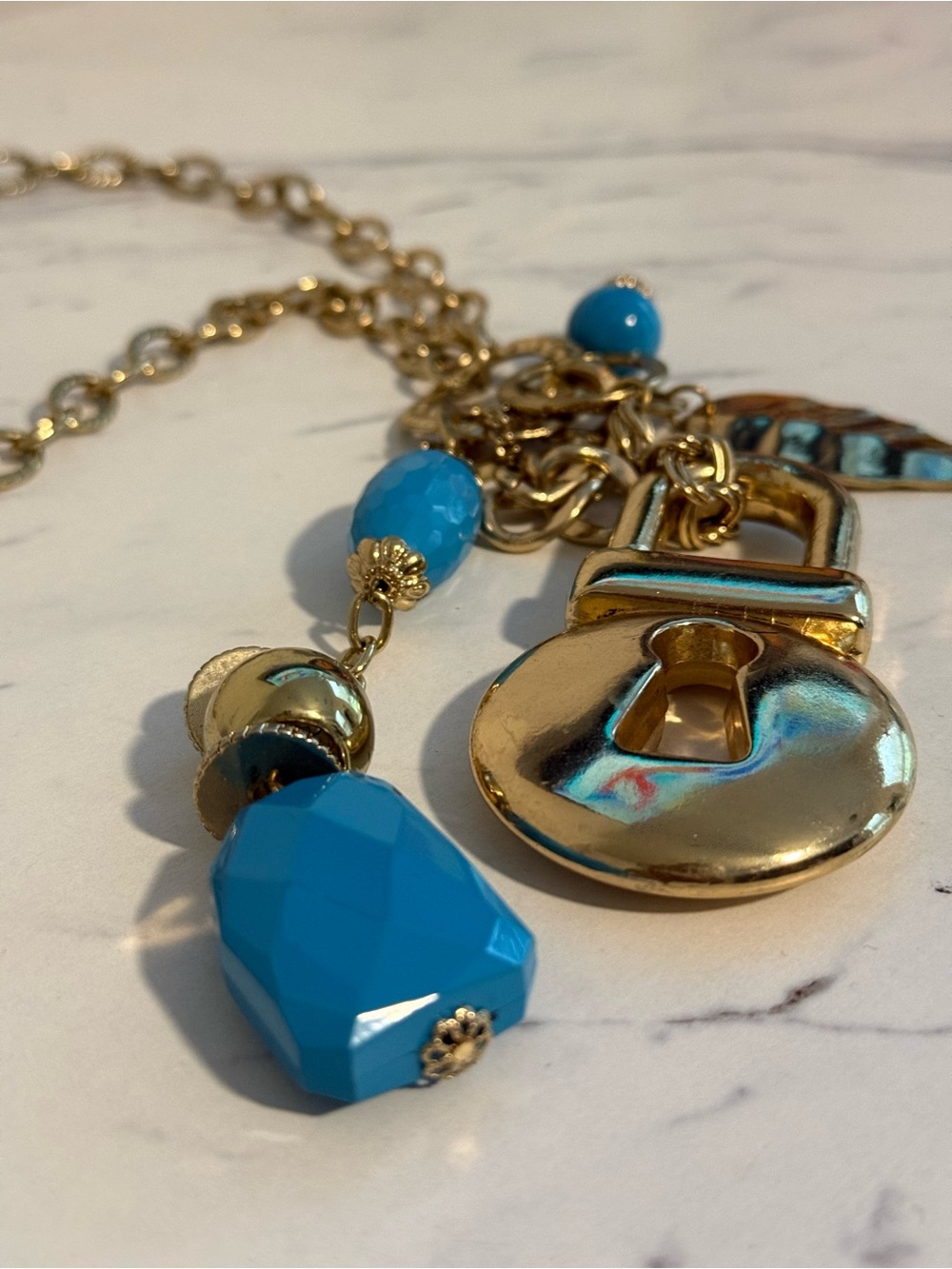 Gold Tone Padlock Pendant Necklace with Turquoise Blue Beads